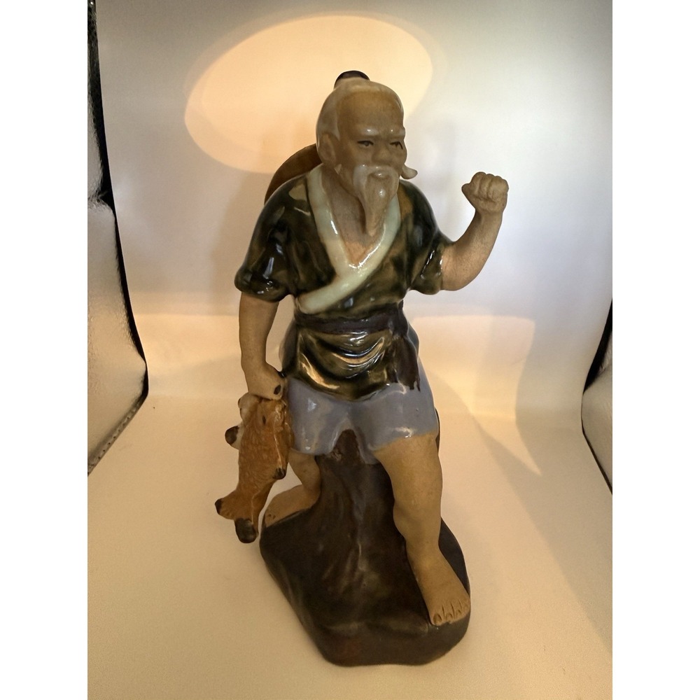Ceramic Fisherman Figurine Glossy Multicolor Green Blue Beige Brown